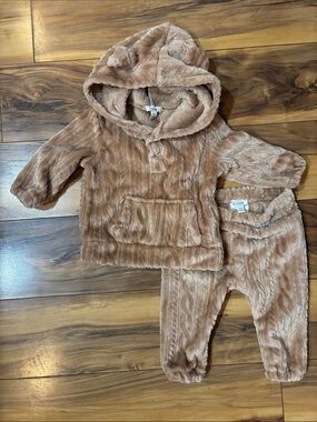 Plush Hooded Kids Pajama Set in Taupe